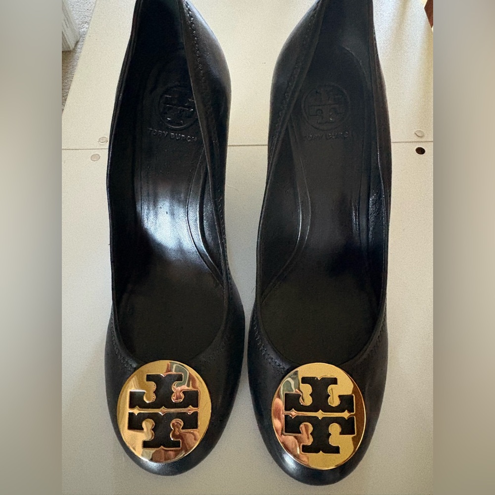 Tory Burch Black Wedges with Gold Emblem
